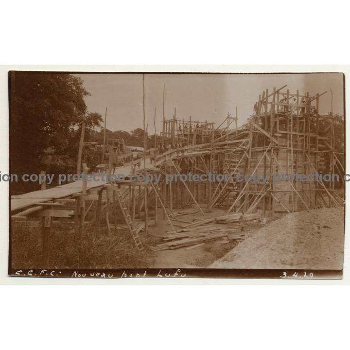 Congo-Belge: Nouveau Pont Lufu / Bridge - Building Site (Vintage 2nd Gen.Photo B/W ~1930s)