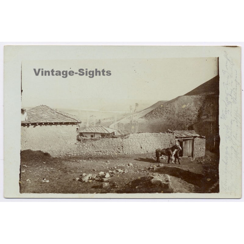 Macedonia: WWI German Soldier Billet Farmhouse Sentry Horse French Positions (Vintage RPPC 1916)