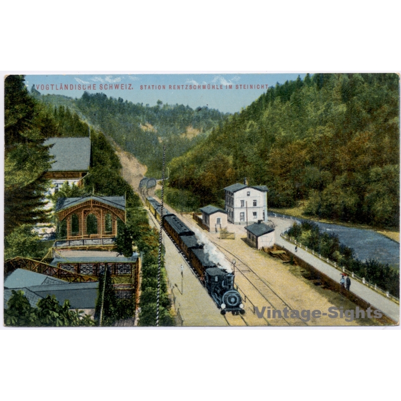 Steinicht / Vogtland: Rentzschmuehle Station Bahnhof Steam Train WWI (Vintage PC 1915)