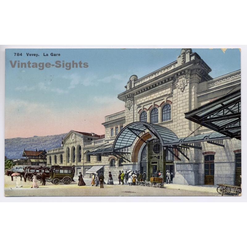 Vevey / Switzerland: Le Gare Railway Station Omnibus (Vintage PC 1917)