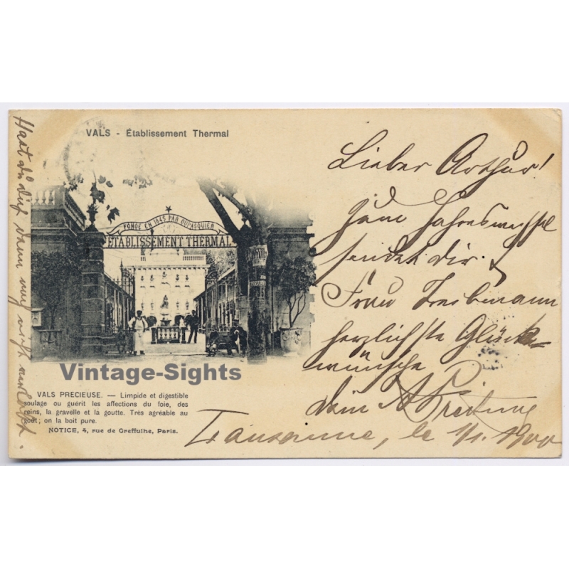 Vals Les Bains / France: Etablissement Thermal Paid With Swiss Stamp To Germany (Vintage PC 1899)