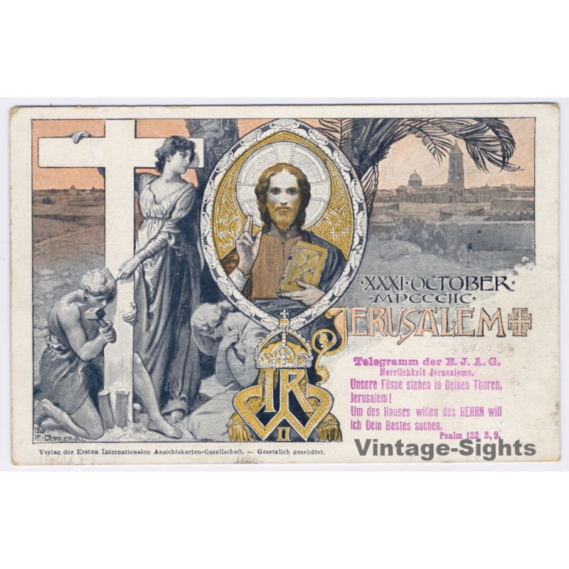 Jerusalem: Kaiser Wilhelm II Visit Ottoman Empire Österreichischer Post Postmark (Vintage PC Litho 1898)