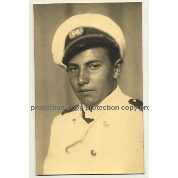 Pretty Young Marine Soldier In White Uniform / Belgium? (Vintage RPPC ~1930s/1940s)