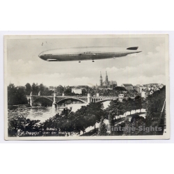 Switzerland: Zeppelin LZ 127 Over Basel Wettstein Bridge (Vintage RPPC 1937)