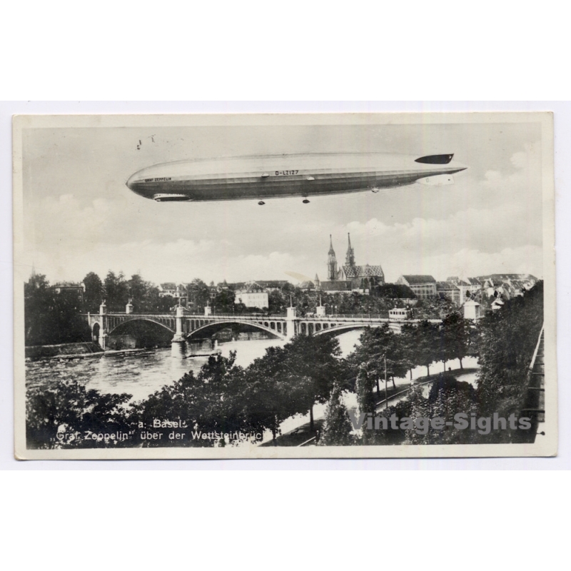 Switzerland: Zeppelin LZ 127 Over Basel Wettstein Bridge (Vintage RPPC 1937)