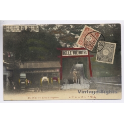 Nagasaki / Japan: Belle Vue Hotel - Jinrikishas Stamps Postmark (Vintage PC ~1910s)