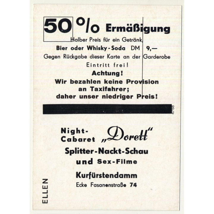 Nude Showgirl Ellen / Night-Cabaret Dorett - Kurfürstendamm (Vintage PC Berlin 1960s)