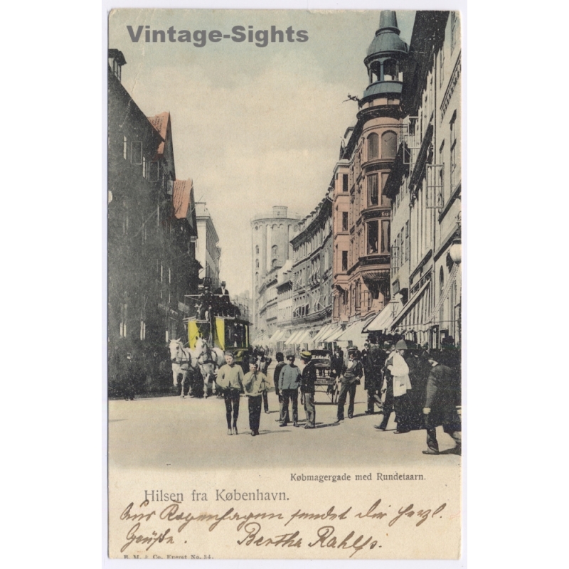 Copenhagen / Denmark: Kobmagergade Rundetaarn Horse Tram (Vintage PC 1905)