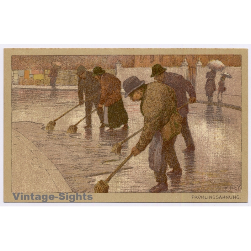 Paul Hey: Frühlingsahnung Street Sweepers Münchner Künstlerkarten (Vintage PC ~1910s)