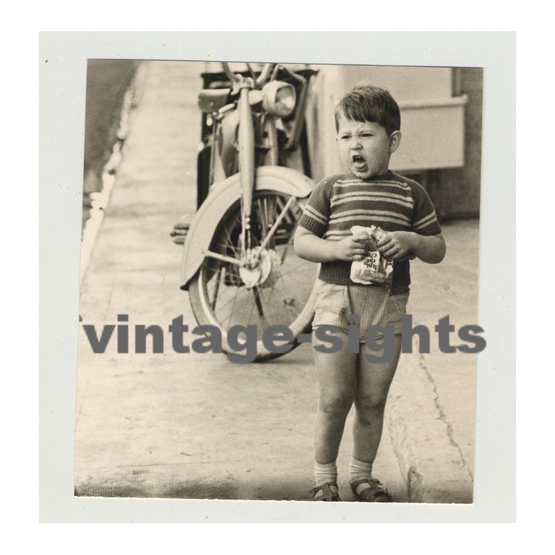 French Boy Eating Sweets & Making Funny Faces / Mobilette (Vintage Photo 1967)