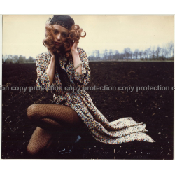 Beautiful Hippie Woman On Field / Headscarf (Large Vintage Fashion Photo 1970s)