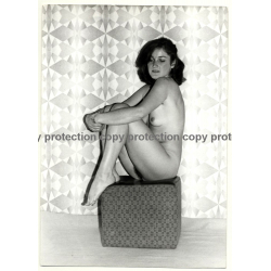 Nude Female On Cube / 70s Curtains (Vintage Photo B/W GDR 1970s)