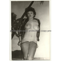 Cheeky Busty Semi Nude Curlyhead *2 / Jeans - Photo Wallpaper (Vintage Photo B/W GDR 1970s)