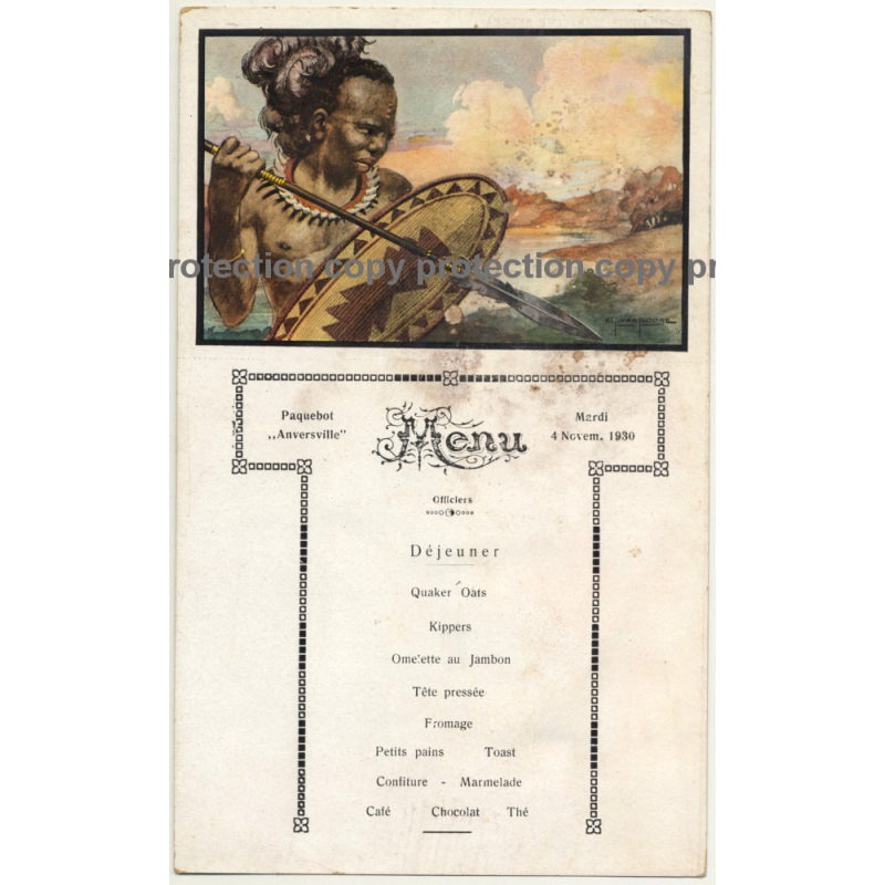 Vintage Menu Paquebot Anversville 4. Novem. 1930 / Congo - Tribal - Steamer
