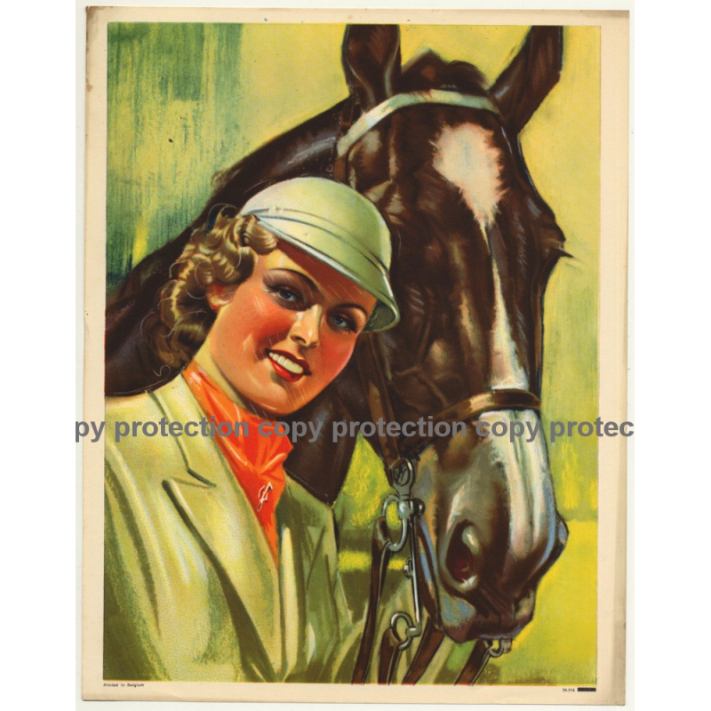 Elegant Horsewoman & Her Horse (Vintage Print Belgium 1940s/1950s  ~ 31 x 24 CM)