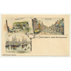 UK: With Compliments From Southshields (Vintage Court Size Postcard ~1900 Litho)