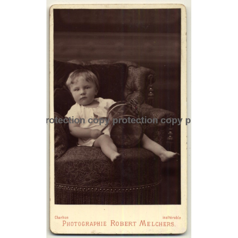 R. Melchers: Chubby Baby Girl W. Drum & Stick (Vintage Carte De Visite / CDV ~1870s/1880s)