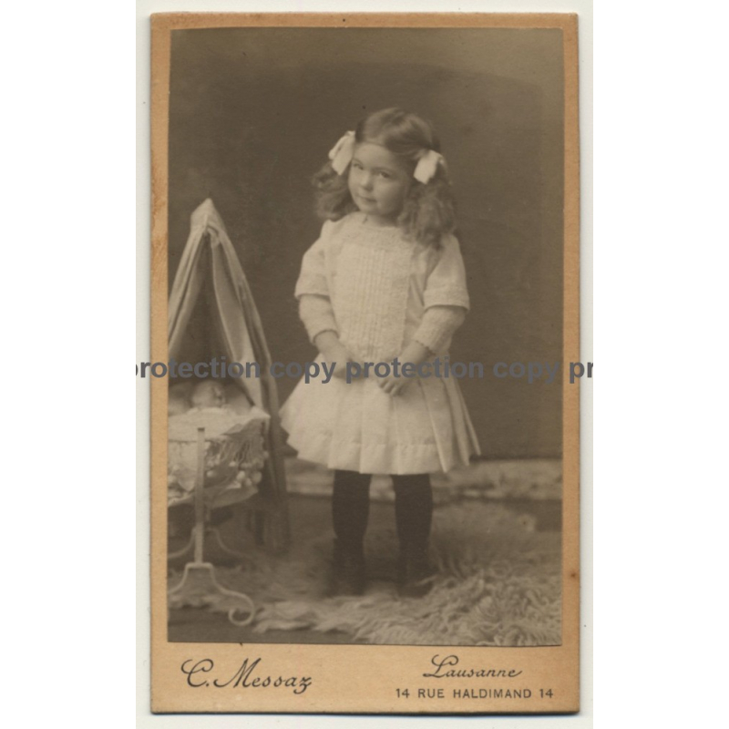 C. Messaz / Lausanne: Little Girl - Doll - Pram (Vintage Carte De Visite / CDV ~1900s)