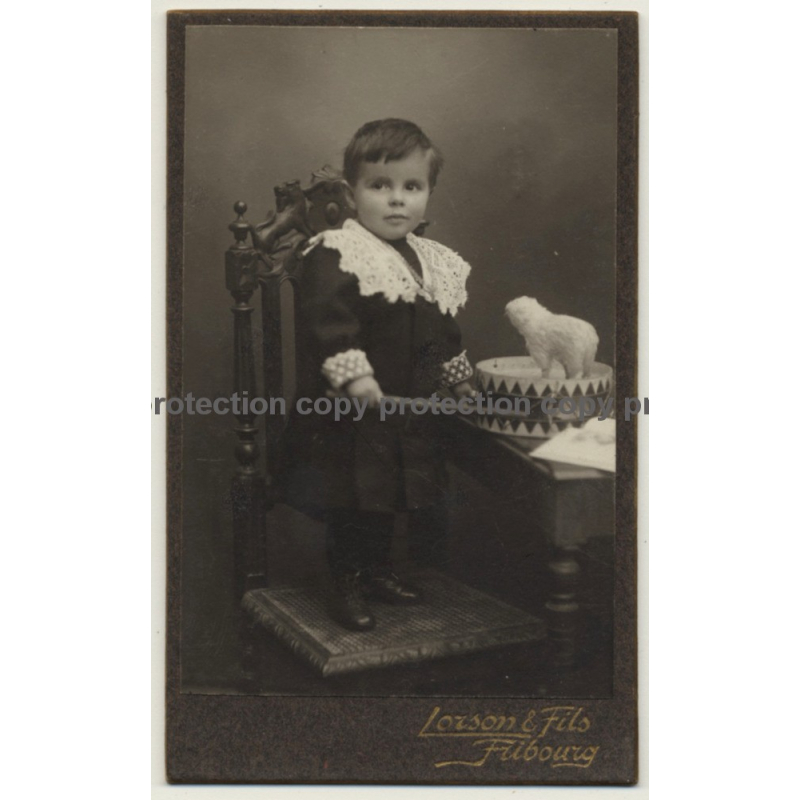 Lorson & Fils / Fribourg: Baby Girl W. Drum & Stick (Vintage Carte De Visite / CDV ~1900s)