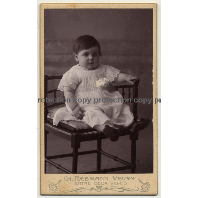 Ch. Rebmann / Vevey: Chubby Baby Girl On Chair (Vintage Carte De Visite / CDV ~1900s)