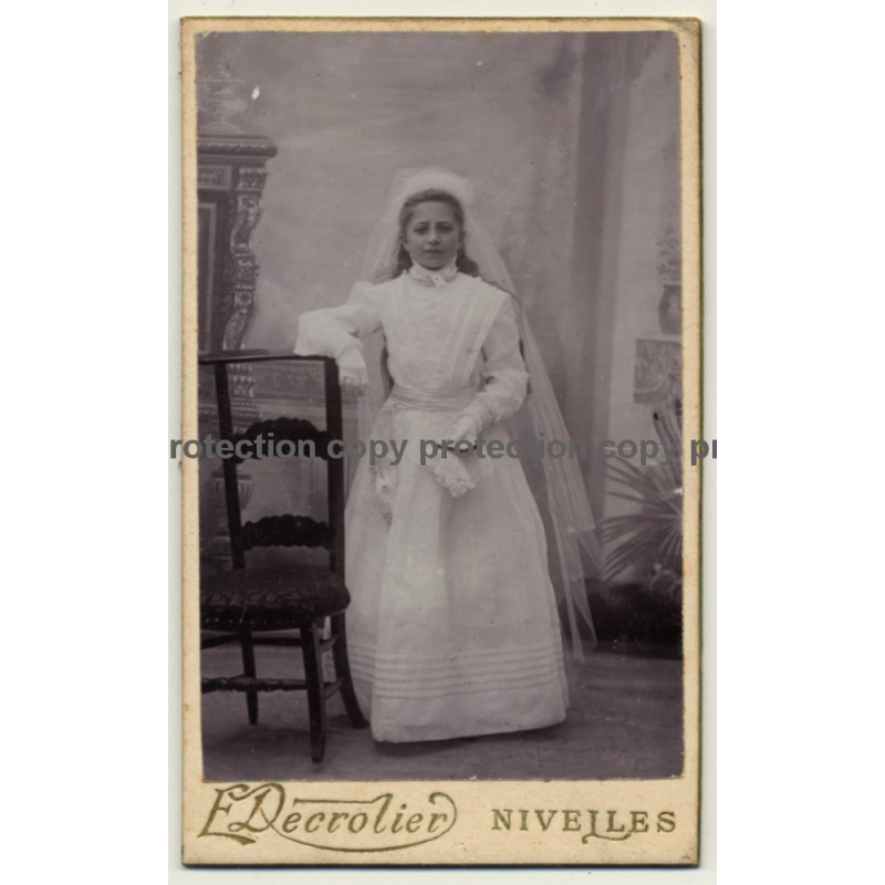 E. Decrolier / Nivelles: Bride In Wedding Dress - Veil (Vintage Carte De Visite / CDV ~1900s) E. Decrolier / Nivelles: Bride In Wedding Dress - Veil (Vintage Carte De Visite / CDV ~1900s)