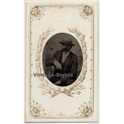 Portrait Of Man With Hat &  Moustache  (Vintage Ferrotype Photo ~1890s/1900s)