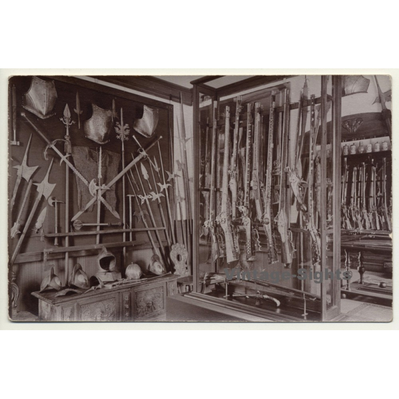 Gun Shop Exhibition: Swords, Armors & Pistols (Vintage RPPC Sepia ~1910s/1920s)