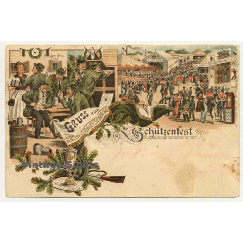 Gruss Vom Schützenfest - Rifle Festival / Burger Bräu (Vintage Postcard Litho 1898)