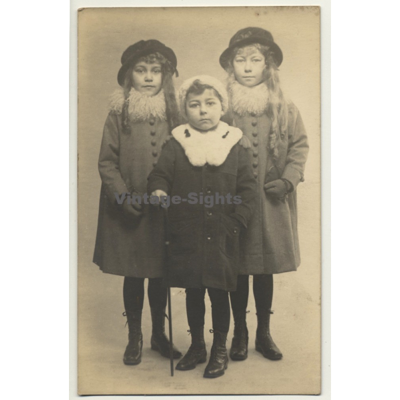 Three Girl Sisters In Winter Clothes / Coat - Walking Stick (Vintage RPPC Belgium ~1920s) Three Girl Sisters In Winter Clothes / Coat - Walking Stick (Vintage RPPC Belgium ~1920s)