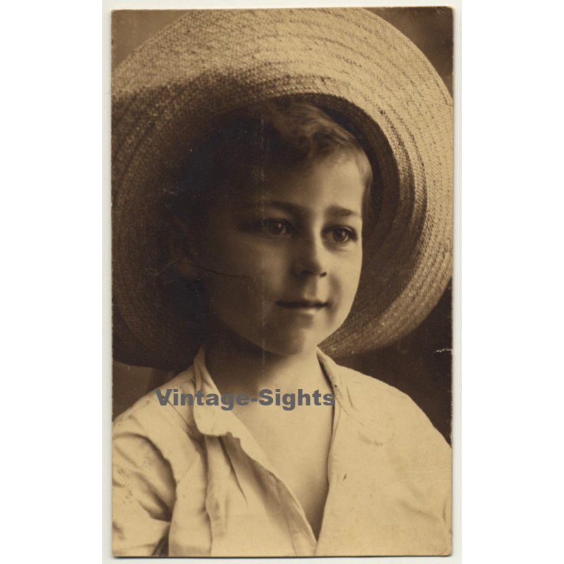 Portrait Of Pretty Boy With Straw Hat (Vintage RPPC Sepia ~1910s/1920s)