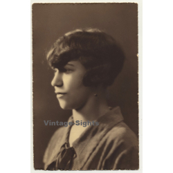 Portrait Of Beautiful Young Shorthaired Woman / Water Wave (Vintage RPPC Sepia ~1910s/1920s)
