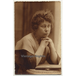 Portrait Of Pensive Shorthaired Woman / Stole (Vintage RPPC Sepia ~1910s/1920s)