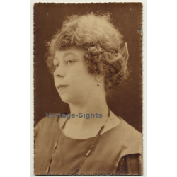Portrait Of Pensive Shorthaired Woman *2 / Earring (Vintage RPPC Sepia ~1910s/1920s)