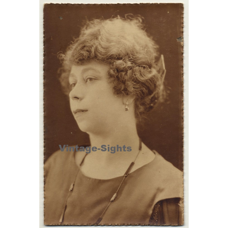 Portrait Of Pensive Shorthaired Woman *2 / Earring (Vintage RPPC Sepia ~1910s/1920s) Portrait Of Pensive Shorthaired Woman *2 / Earring (Vintage RPPC Sepia ~1910s/1920s)
