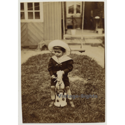 Sweet Baby Boy Outside On Rocking Horse / Sailor Suit (Vintage Photo Sepia ~1910s/1920s)
