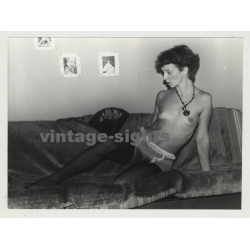 Skinny Shorthaired Nude On Couch / Suspenders - Small Boobs  (Vintage Amateur Photo)