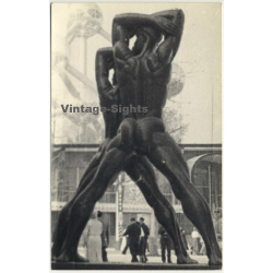 Muscular Nude Male Statues In Front Of Atomium / Gay INT (Vintage RPPC Belgium ~1960s)