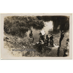 Congo-Belge: Indigenous Boys Wash Dirty Clothes In River (Vintage RPPC ~1930s/1940s)