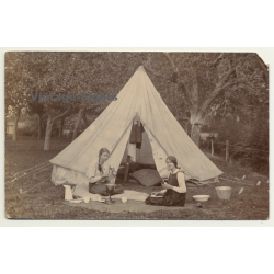 Tibberton / UK: Belgian Girls In Front Of Tent / Camping (Vintage RPPC Sepia 1916)