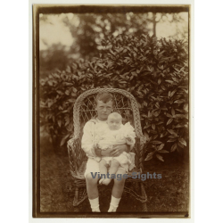 Belgian Upper Society Family *5: Young Boy & Baby / Wicker Chair (Vintage Photo Sepia ~1910s/1920s)