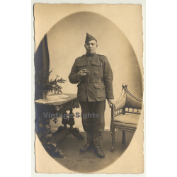 Portrait Of Belgian Soldier In Uniform / Cigarette (Vintage RPPC ~1910s/1920s)
