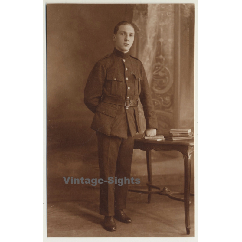Smart Young Belgian Soldier In Uniform (Vintage RPPC Sepia ~1930s)