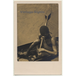 Africa: Indigenous Fisher In Dugout / Paddle - Crippled Foot (Vintage RPPC)