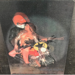 Biker & Nude Blonde Pin-Up / Bultaco (Vintage 3D Stereo Effect Postcard Toppan)