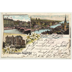 Switzerland: Gruss Aus Zürich / Bahnhofs-Brücke (Vintage PC Litho 1898)