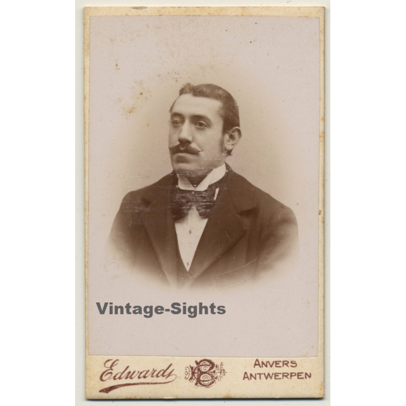 Edward / Anvers: Portrait Of Man / Moustache - Tie & Bow (Vintage Carte De Visite / CDV ~1880s/1890s) Edward / Anvers: Portrait Of Man / Moustache - Tie & Bow (Vintage Carte De Visite / CDV ~1880s/1890s)