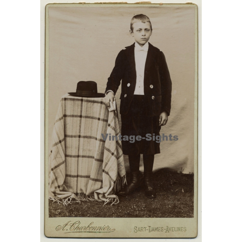 A. Charbonnier / Sart-Dames-Avelines: Serious Young Boy / Suit - Hat (Vintage Cabinet Card ~1890s/1900s)