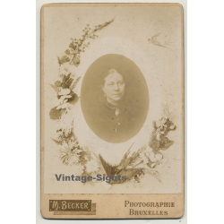 M. Becker / Bruxelles: Portrait Of Older Woman / Swallow - Flowers (Vintage Cabinet Card ~1880s/1890s)