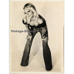 Racy Blonde Woman In Denim Flares Bends Over / Cleavage (Vintage Photo 1970s)