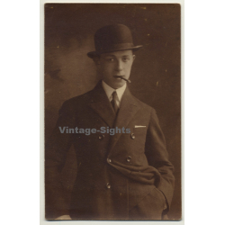 Handsome Man With Bowler Hat In Double Breasted Suit (Vintage RPPC ~ 1920s/1930s)